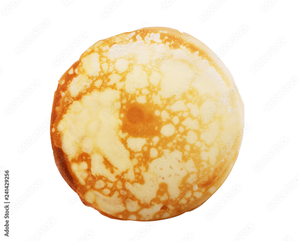One thin pancake on a white background One thin pancake on a white background