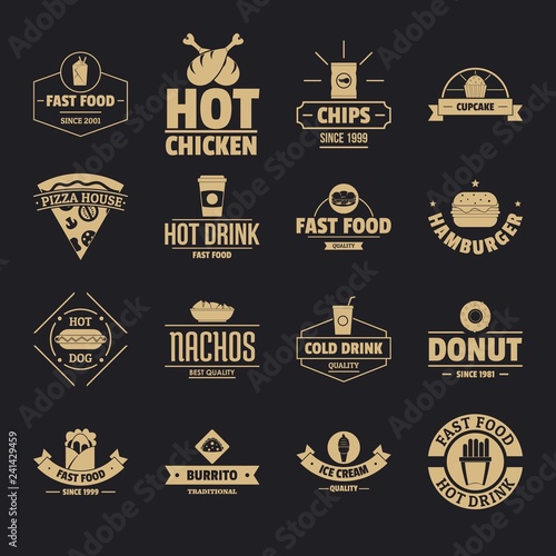Fast food logo icons set. Simple illustration of 16 fast food logo vector icons for web