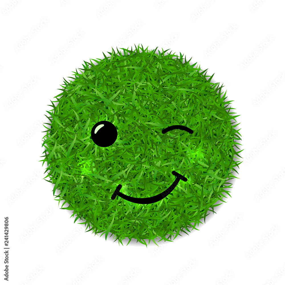 Green grass circle field 3D. Face wink smile. Smiley grassy emoticon
