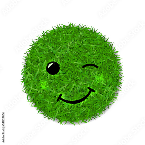Green grass circle field 3D. Face wink smile. Smiley grassy emoticon icon, isolated white background. Smiling sign. Symbol ecology, eco lawn, safe nature, fresh spring. Vector illustration