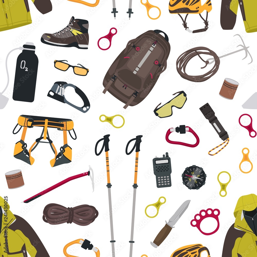 Seamless pattern with mountaineering and touristic equipment