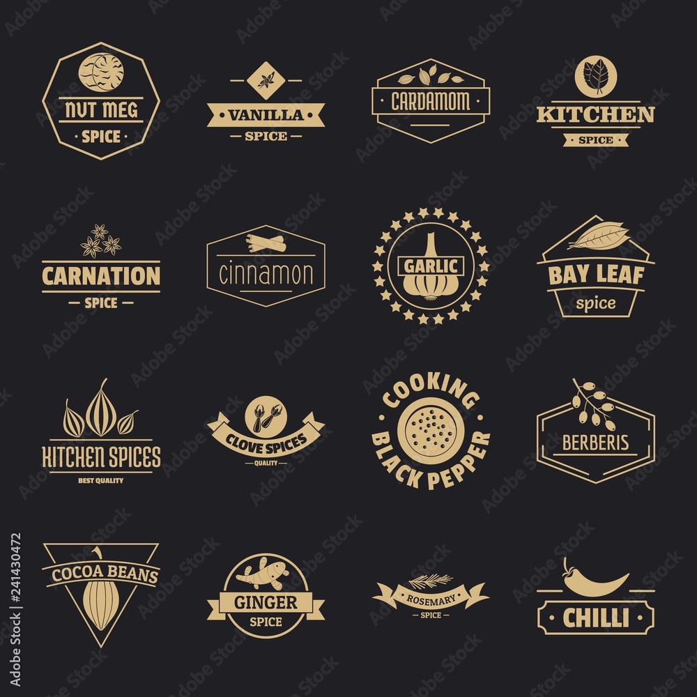 Spice logo icons set. Simple illustration of 16 spice logo vector icons ...