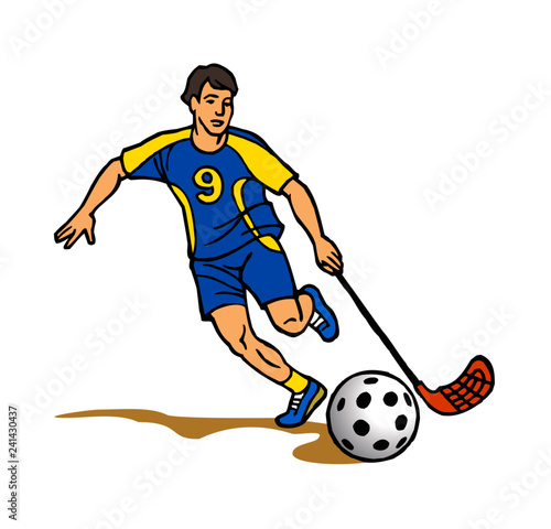 floorball player with hockey stick and ball shoots a goal clipart