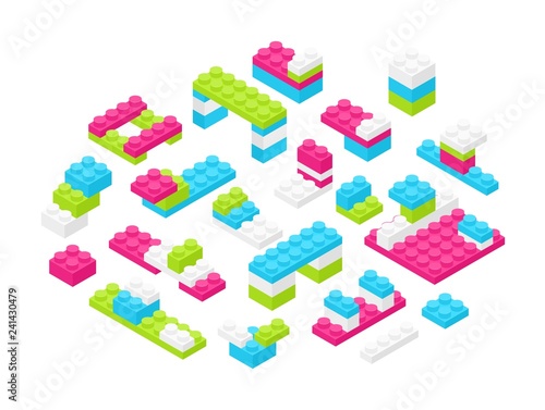 Collection of isometric colorful plastic constructor details or pieces isolated on white background. Interlocking toy bricks or building blocks. Constructing set for children. Vector illustration.