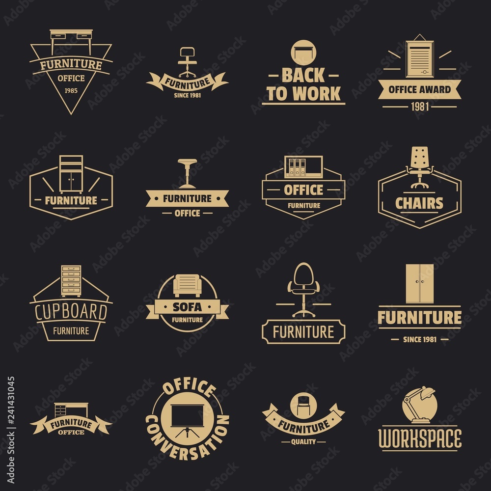 Office furniture logo icons set. Simple illustration of 16 office ...