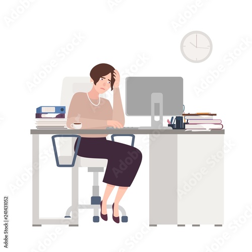 Unhappy female clerk sitting at desk. Sad, tired or exhausted woman at office. Stressful work, stress at workplace. Busy businesswoman, workaholic. Colorful vector illustration in flat cartoon style.
