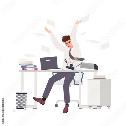 Angry male clerk sitting at desk and throwing documents. Fearful man at office. Stressful work, stress at workplace. Busy businessman, overworked professional. Flat cartoon vector illustration.