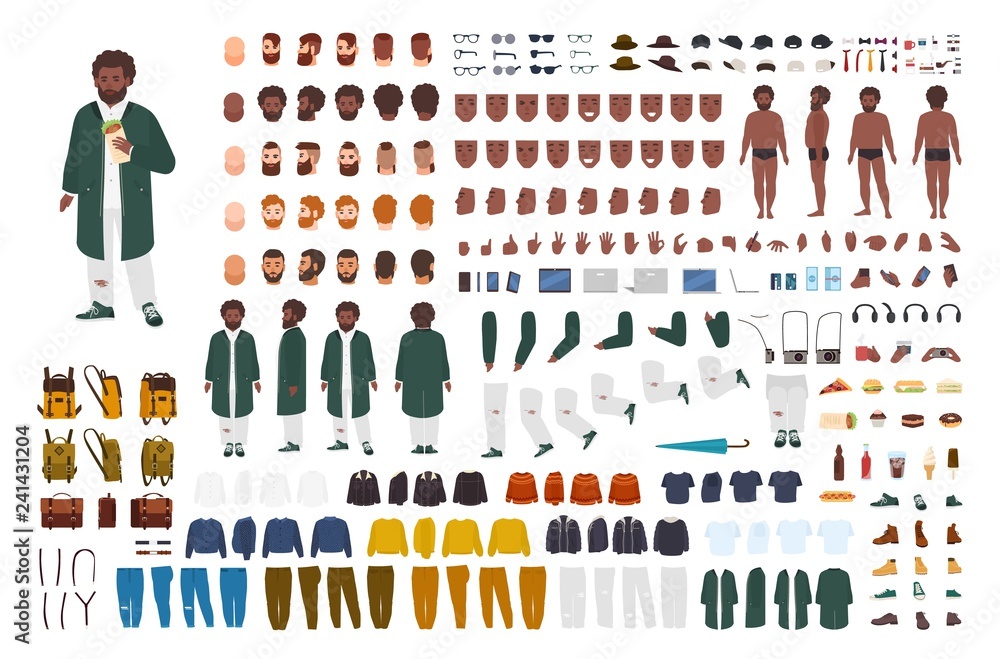 Fat African American man constructor set or DIY kit. Bundle of flat cartoon character body parts, postures, gestures, clothes isolated on white background. Front, side, back view. Vector illustration. Fat African American man constructor set or DIY kit. Bundle of flat cartoon character body parts, postures, gestures, clothes isolated on white background. Front, side, back view. Vector illustration.