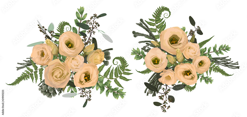 Obraz premium Vector floral bouquet design set, green forest leaf, brunia, fern, branches boxwood, buxus, eucalyptus and flowers eustoma cream. Watercolor style, herbs. Wedding for invite card Isolated