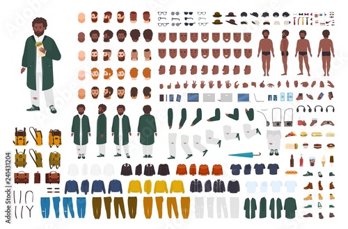 Fat African American man constructor set or DIY kit. Bundle of flat cartoon character body parts, postures, gestures, clothes isolated on white background. Front, side, back view. Vector illustration.