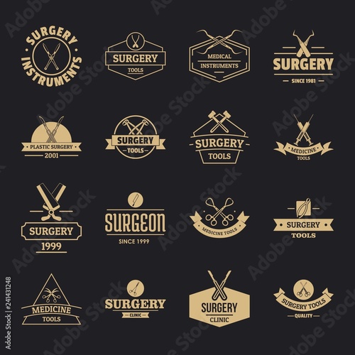 Surgery tools logo icons set. Simple illustration of 16 surgery tools logo vector icons for web