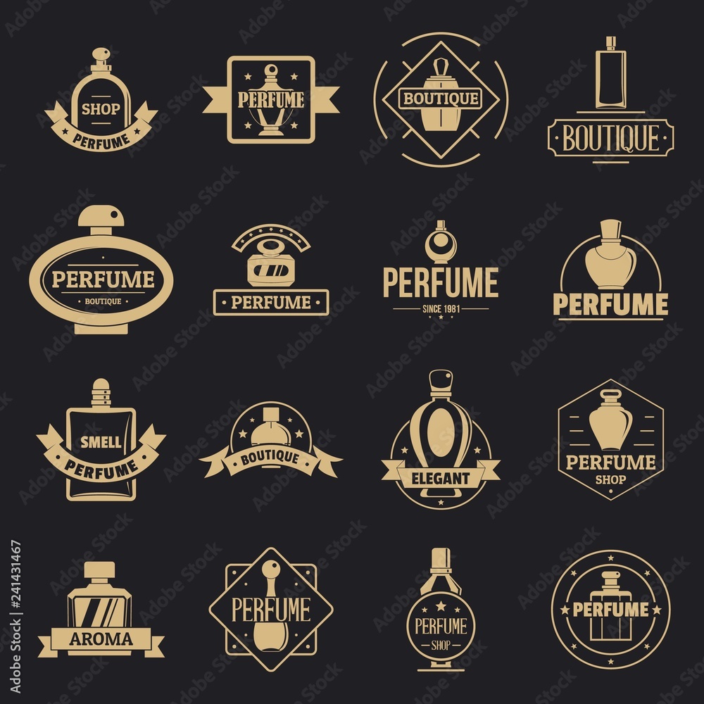 Perfume bottles logo icons set. Simple illustration of 16 perfume bottles logo vector icons for web