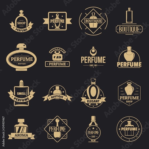 Perfume bottles logo icons set. Simple illustration of 16 perfume bottles logo vector icons for web