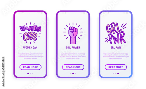 Feminism thin line icons set: stickers women can and girl power. Modern vector illustration for user mobile interface.