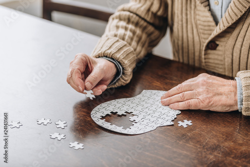 cropped view of senior man playing with puzzles photo