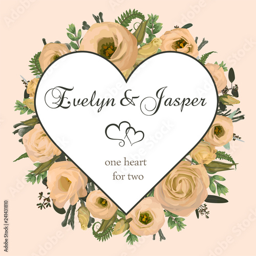 Valentine greeting card, invite card. Vector watercolor style herbs, eucalyptus, branches boxwood, buxus, forest fern, brunia, and flowers eustoma cream. Heart square frame.