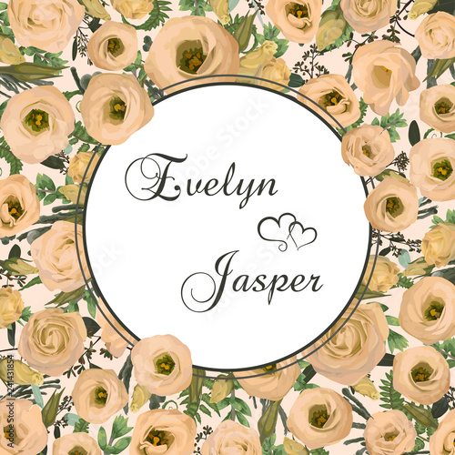 Valentine greeting card, invite card. Vector watercolor style herbs, eucalyptus, branches boxwood, buxus, forest fern, brunia, and flowers eustoma cream. Round frame, border, circle. Pattern