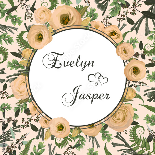 Wedding floral invitation, invite card. Vector watercolor green forest leaf, fern, brunia, branches boxwood, buxus, eucalyptus and flowers eustoma cream. Natural, botanical decorative 