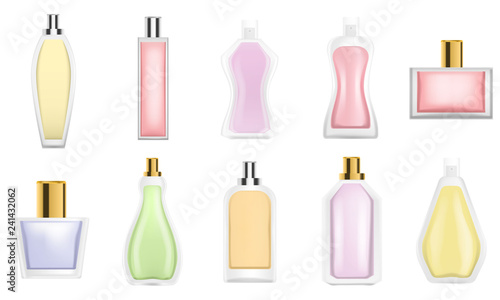 Fragrance bottles icon set. Realistic set of fragrance bottles vector icons for web design isolated on white background