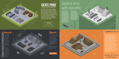 Skate park banner set. Isometric set of skate park vector banner for web design