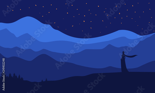 Silhouette on landscape background, beautiful view, nature panorama, night stars sky, mountains.