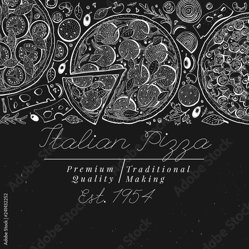 Vector Italian pizza top view banner. Hand drawn vintage illustrations on chalk board. Italian Food design template. Can be use for menu, packaging, adversiting for caffe, restaurant, pizzeria