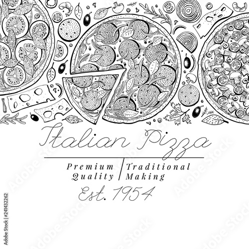 Vector Italian pizza top view banner. Hand drawn vintage illustrations. Italian Food design template. Can be use for menu, packaging, adversiting for caffe, restaurant, pizzeria