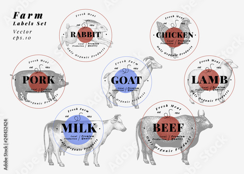 Labels with farm animals. Hand drawn animals set templates. Vector vintage illustrations. Can be use for packaging, menu for shops, restaurants and markets of organic food.
