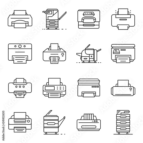 Printer icon set. Outline set of printer vector icons for web design isolated on white background