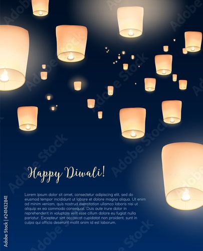 Flyer or poster template with Kongming lanterns flying in evening sky and place for text. Colored vector illustration for traditional Chinese mid autumn, Diwali and Yee Peng festivals celebration.