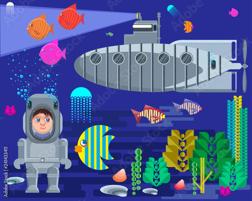 Underwater world. Vector color illustration which depicts the underwater world, a diver and a submarine.