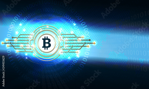 Blue background with bitcoin sign with the silhouette of continents and numbers.