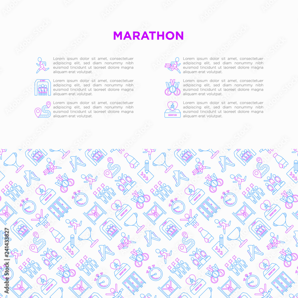 Marathon concept with thin line icons: runner, start, finish, running shoes, bottle of water, route, award, changing room, memory photo, donation, fan zone. Vector illustration, print media template.
