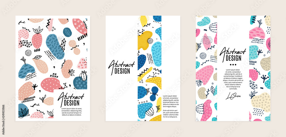 Set of vector templates. Hand drawn abstract shapes with different textures, spots and decorative elements. It can be used as book, notebook or magazine cover, brochure, booklet, annual report, flyer