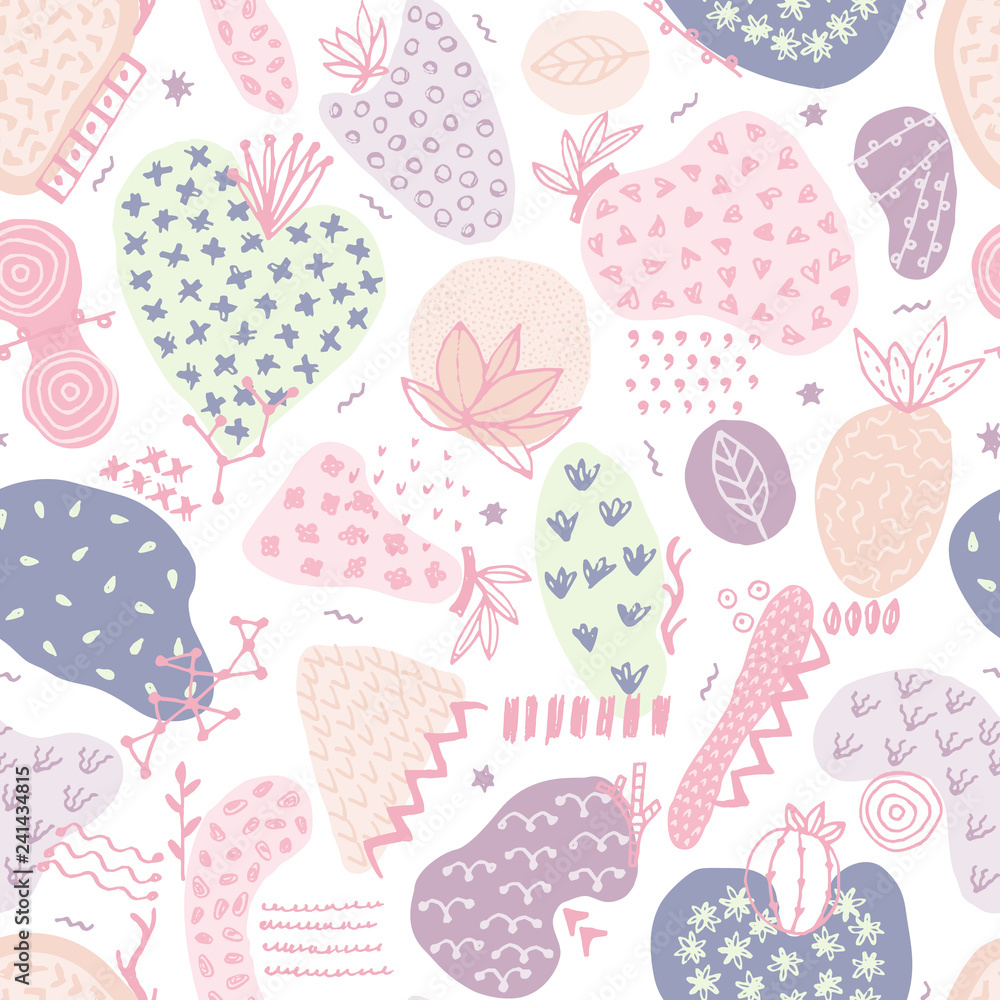Vector seamless pattern with hand drawn abstract shapes. Spotted and textured figures. Unique design. Creative background. Applique. Freehand style. Wallpaper, textile, wrapping, print on clothes