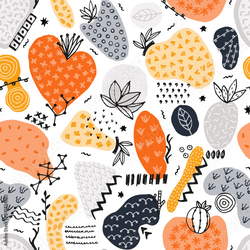 Vector seamless pattern with hand drawn abstract shapes. Spotted and textured figures. Unique design. Creative background. Applique. Freehand style. Wallpaper, textile, wrapping, print on clothes