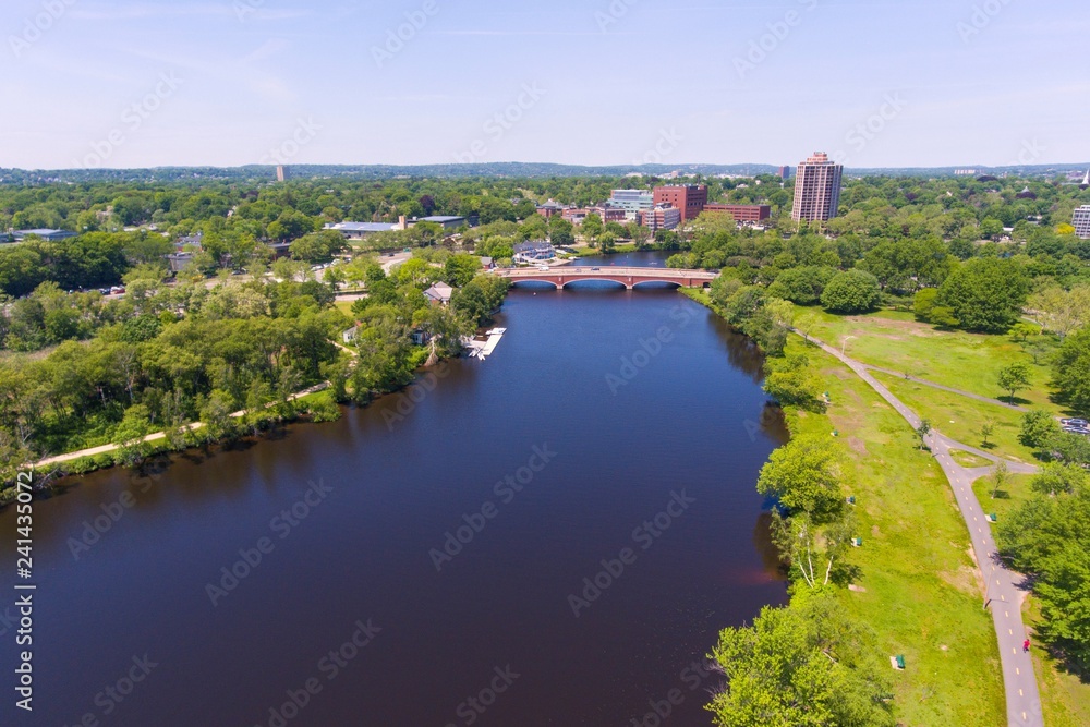 Charles River and Eliot Bridge aerial view in Allston, Boston, Massachusetts, USA.