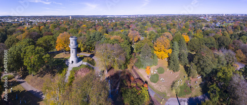 Washington Tower in Mount Auburn Cemetery in fall, Watertown, Greater Boston Area, Massachusetts, USA.