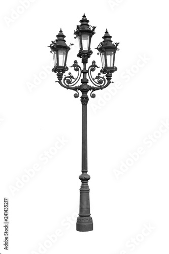 Old vintage street lamp isolated on white background. Vintage street lamppost.