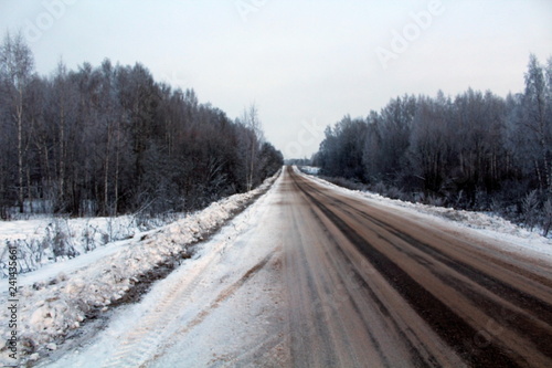 motorway, stretching into the distance, against the backdrop of winter nature, snow-covered trees and bushes