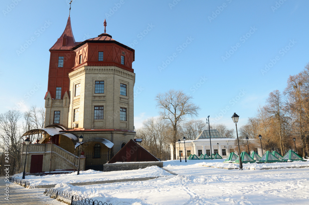 Winter view of a tower with viewing platform, situated in Khreshchatiy park. Kiev, Ukraine