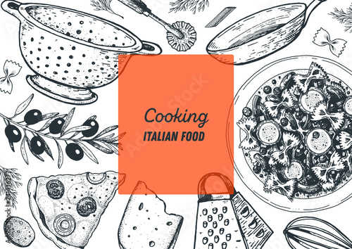 Italian cuisine hand drawn illustration. Italian food cooking frame. Sketch vector illustration. Cooking pasta and pizza.