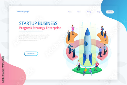 Isometric Businnes Start Up for web page, banner, presentation, social media concept landing page design. Income and Success. Vector Business illustration