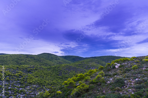 Greece, Zakynthos, Mountain landscape and untouched nature in magical twilight after sunset