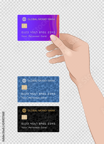 Payment Card Held By Female Hand. Graphic designs of one side of a payment plastic card which is held by female hand on checkered background.