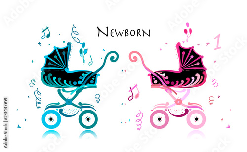 Baby carriage, ornate silhouette for your design