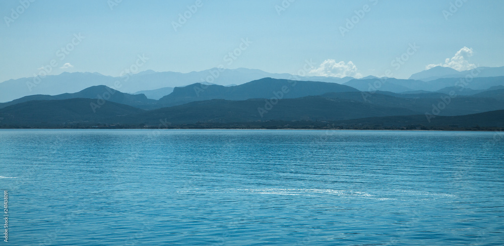 Beautiful sea landscape. View of the mountains from water. Crete, Greece.