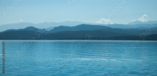 Beautiful sea landscape. View of the mountains from water. Crete, Greece.