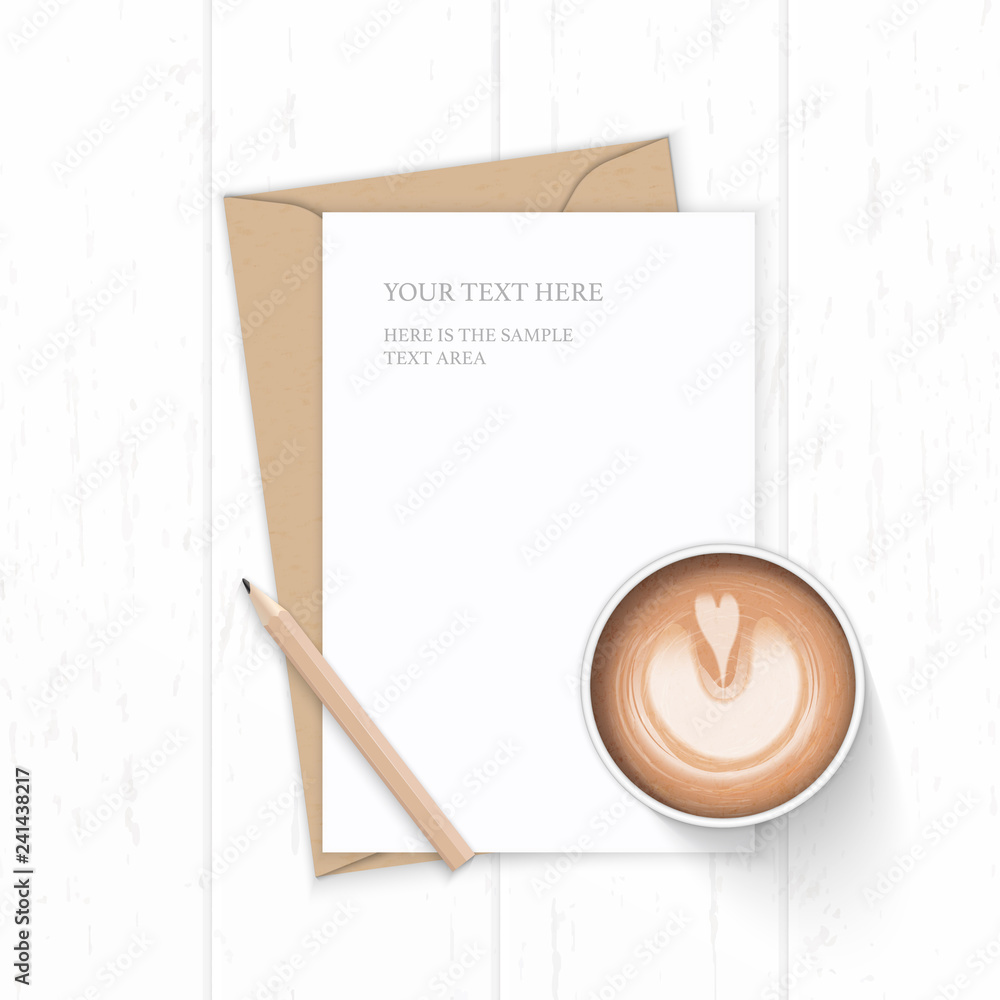 Flat lay top view elegant white composition letter kraft paper envelopecoffee and pencil on wooden background Flat lay top view elegant white composition letter kraft paper envelopecoffee and pencil on wooden background