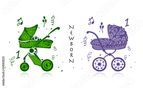 Baby carriage, ornate silhouette for your design